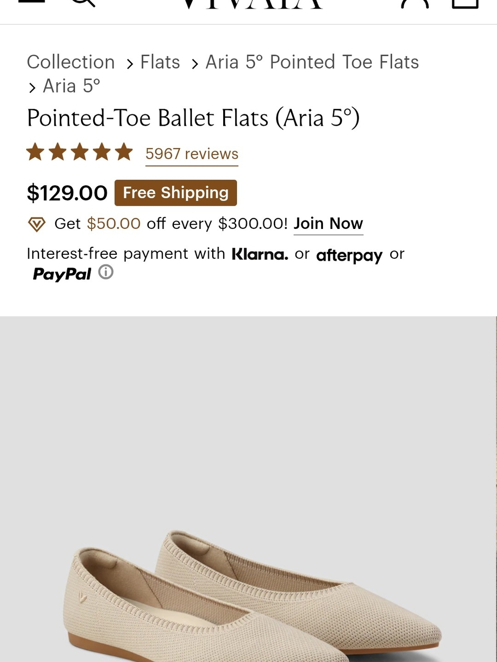 Vivaia Aria 5° Pointed-Toe Ballet Flats - Beige